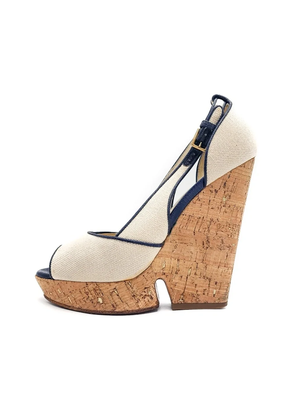 YSL Yves Saint Laurent Canvass Cork Platform Wedge Open Toe Shoes EU 38